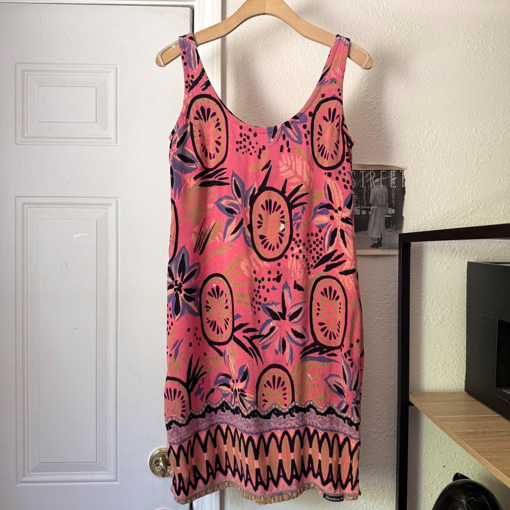 RAINBOW JO vintage pink Hawaiian tropical fruit floral sleeveless mini dress